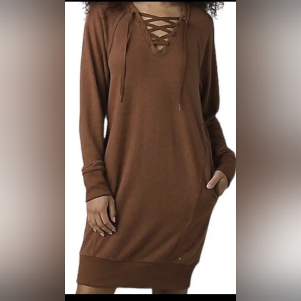 PRANA-Cozy Up Brown Terry Dress SMALL Jersey Knit Pocket V Lace Up Neck Hemp NWT